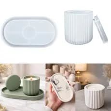 Kit Formas Silicone de Bandeja + Pote de Cimento e Resina com Tampa Geométrico