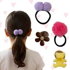 Kit 2 Xuxinhas Amarrador de Cabelo Infantil com Pompons e Ursinhos - Elástico Macio Anti-Quebra (Cores Aleatórias)