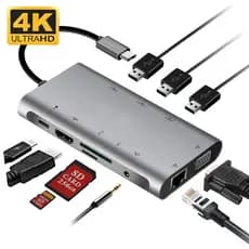 Adaptador Usb Tipo C 10 Em 1 Hdmi 4k Vga RJ45 Ethernet USB 3.0 Leitor de Cartão P2 USB C Type C PD - Com Nota Fiscal