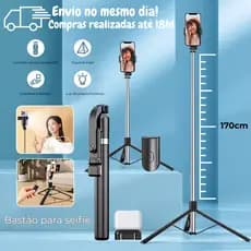 Bastão Pau de Selfie Tripé 360º Com Controle Bluetooth Luz Ring Light Led 2 Níveis Para Celular Live