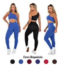 Conjunto Fitness Calça Legging Transpassada e Top Ombro Mula Manca Cropped Academia Feminina