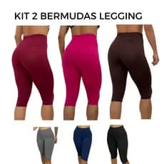 Kit 2 Bermudas Fitness Lisa  de Academia Feminina Suplex Cós Alto Cintura Alta Legging Leg Pilates