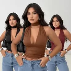 Kit 3 Blusa Cropped Amarraçao Feminina MultiForma Decote Festa Suplex Premium Elegante Moda Ginga