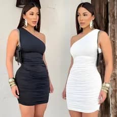 Kit 2 Vestidos Curtos Feminino Tubinho Slim Elegante Para Festa Um Ombro Só Tecido Suplex Com Forro