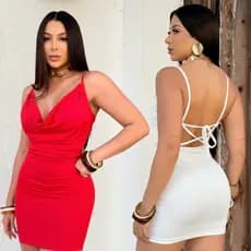 Vestido Curto Feminino Decote Babado Slim Tira de Amarrar nas Costas Moda Gringa Suplex Natal Vermelho Branco