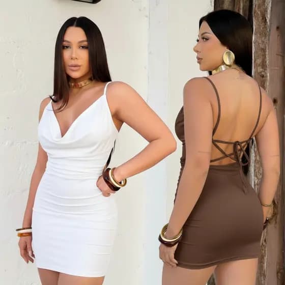 Kit 2 Vestidos Decote Babado Moda Feminina Tira de Amarrar Nas Costas Com Forro Suplex Elegante
