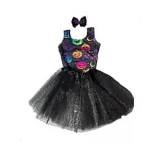 Kit Fantasia Infantil Body Estampado + Saia Tule C/ Glitter e Tiara Personalizada Halloween Bruxas