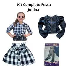 Kit 4 Peças Infantil Blusinha Xadrez Manga Longa + Jaqueta De Couro + Saia Xadrez + Meia Calça