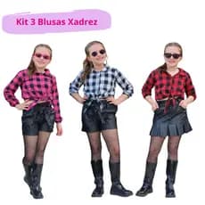 Kit 3 Blusas Manga Longa Xadrez Infantil Para Meninas Festa Junina