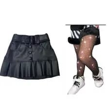 Kit Infantil 2 Peças Saia De Couro + Meia Calça Arrastão Strass