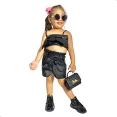 Conjunto Infantil Courinho Top Laço + Short Couro Fake