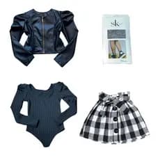 Kit 4 Peças Infantil Jaqueta + Body + Saia Xadrez + Meia Strass Moda Menina Country Festa Junina