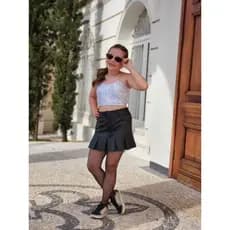 Conjunto Juvenil Cropped Paetê + Saia Couro Sintético Moda Festa e Estilo
