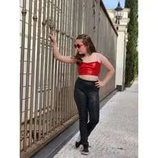 Conjunto Juvenil Cropped Paetê + Calça Couro Sintético Moda Festa e Estilo