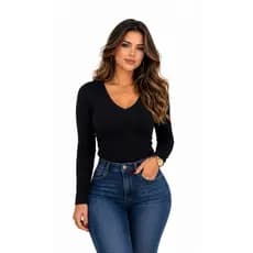 Blusa Manga Longa Gola V Básica Confortável Segunda Pele Suplex Premium