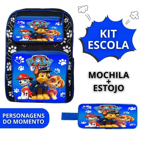 Kit Escolar Mochila Grande e Estojo Infantil Masculino Menino Personagem Patrulha Canina