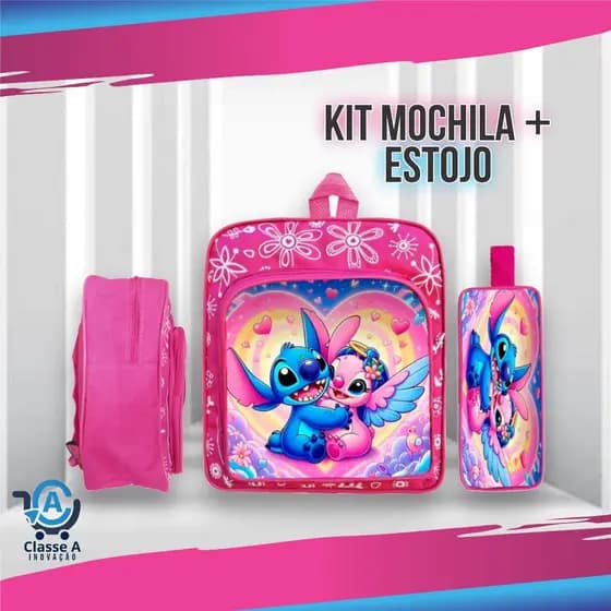 Kit Mochila Média + Estojo Infantil Escolar Feminino Menina Personagem Stitch
