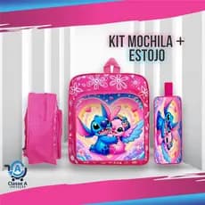 Kit Mochila Média + Estojo Infantil Escolar Feminino Menina Personagem Stitch