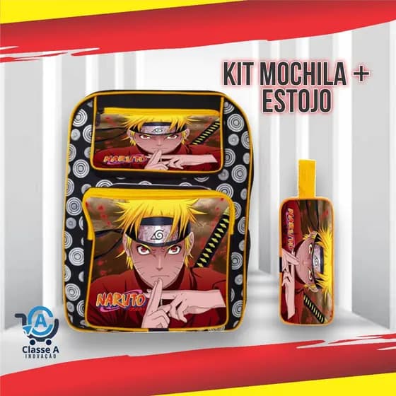 Kit Escolar Mochila Grande e Estojo Infantil Masculino Menino Personagem Naruto
