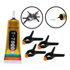 kit com Cola T7000 110ml + 4 Grampos Presilhas Fixa Tela Celular