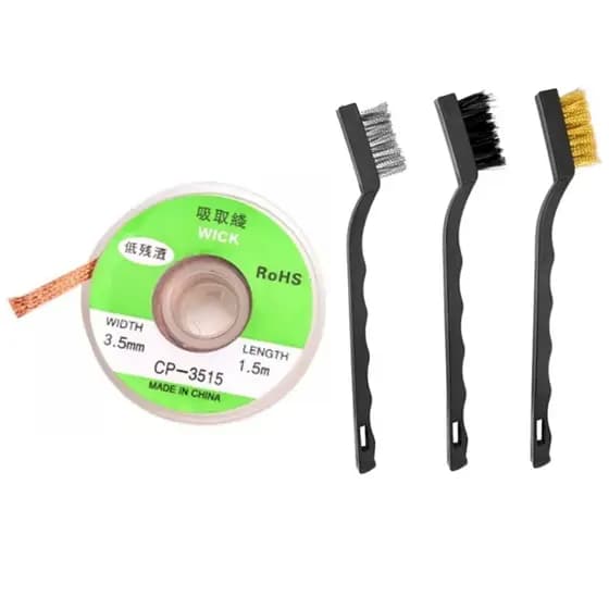 KIT DE FERRAMENTAS P SOLDAGEM MALHA DESSOLDADORA E 3 ESCOVAS