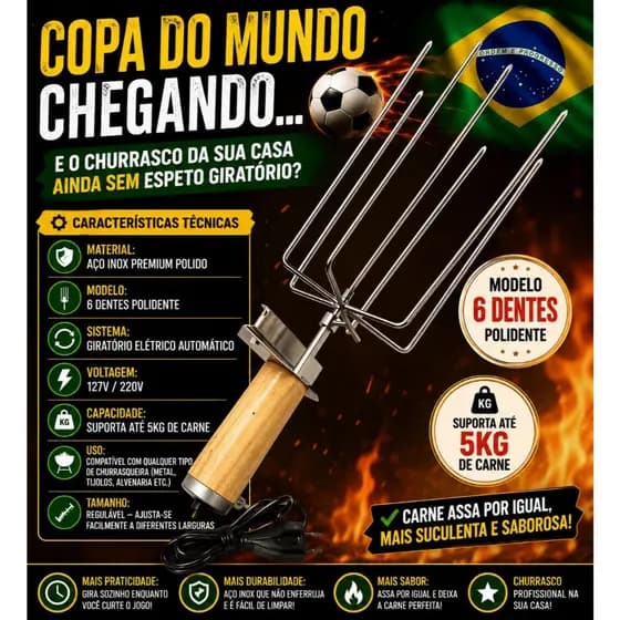 ESPETO DE CHURRASCO POLIDENTE 6 DENTES HASTES INOX GIRATÓRIO ELÉTRICO AUTOMATICO BIVOLT SUPORTA 5KG