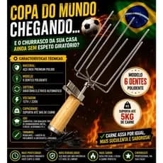 ESPETO DE CHURRASCO POLIDENTE 6 DENTES HASTES INOX GIRATÓRIO ELÉTRICO AUTOMATICO BIVOLT SUPORTA 5KG
