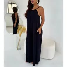 Macacão Feminino Alça Fina Pantalona Com Bolsos Soltinho Liso Viscolycra
