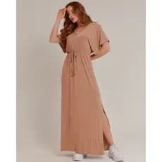 Vestido Longo Feminino em Viscolycra com Fenda Lateral, Manga Morcego Amarração Confortável Elegante