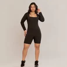 Macacão Curto Fitness Feminino Suplex Manga Longa Decote Quadrado Preto Academia