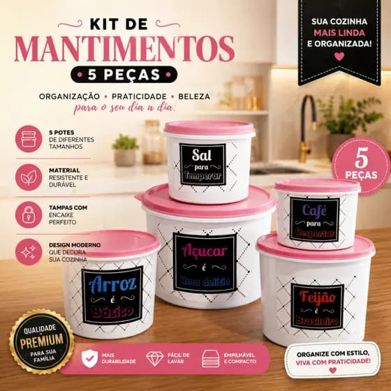 Kit Mantimentos Jogo 5 Potes Redondo De Plástico Armazenamento De Alimentos Cozinha
