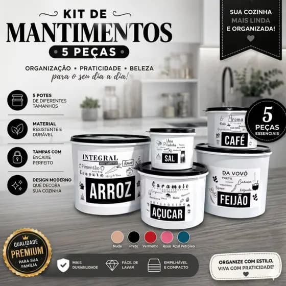 Kit 5 Potes De Mantimentos Decorado Porta Mantimentos Adesivo Integral Pote Branco Tampa Preta