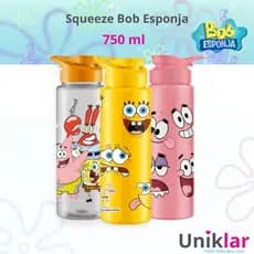 Garrafa Squeeze Plástico Infantil Personagem Bob Esponja com Tampa e Alça 750ml