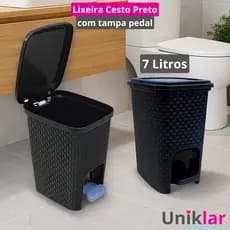Lixeira Cesto Preto com Tampa Pedal 7 Litros Rattan Banheiro Cozinha Escritório