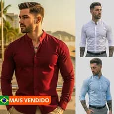 CAMISA MASCULINA GOLA PADRE MANGA LONGA SLIM LINHO E VISCOSE PREMIUM