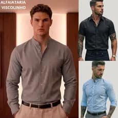 Camisa Social Masculina Manga Longa Slim Gola Padre Social Viscolinho