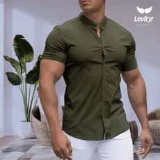 Camisa Social Masculina Gola Padre Manga Curta Aspecto Linho