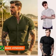 CAMISA MASCULINA MANGA CURTA GOLA PADRE SLIM LINHO E VISCOSE PREMIUM