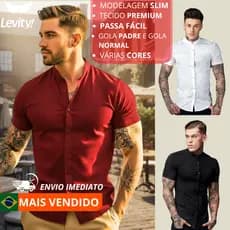 Camisa Masculina Gola Padre Manga Curta Slim Linho e Viscose Premium