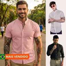 Camisa Masculina Gola Padre Manga Curta Slim Linho e Viscose NÃO AMASSA