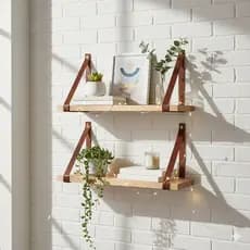 Kit 2 Prateleiras de Parede Pinus 40cm com Alças de Couro Decorativa para Quarto Cozinha