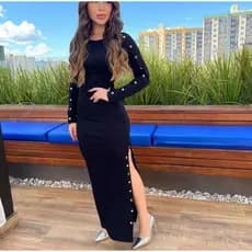 Vestido longo feminino ana ruga manga longa elegante com fenda lateral – moda feminina sofisticada