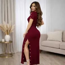 Vestido midi feminino elegante com manguinha- Midi com fenda lateral  sofisticado casual