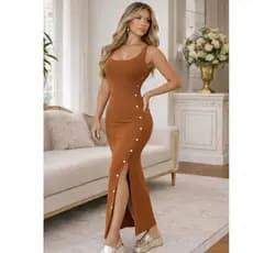Vestido Elegante Mid com Fenda Frontal e Botões Decorativos Ana Ruga Não Fica Transparente