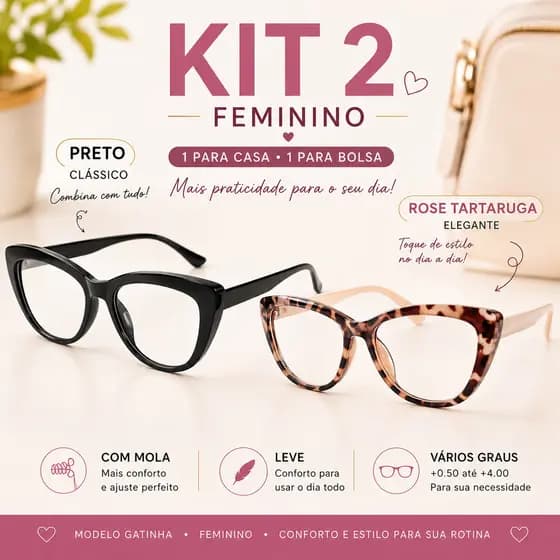 Kit 2 Óculos De Leitura Feminino Gatinha Com Mola +0.50~+4.00 XM2060