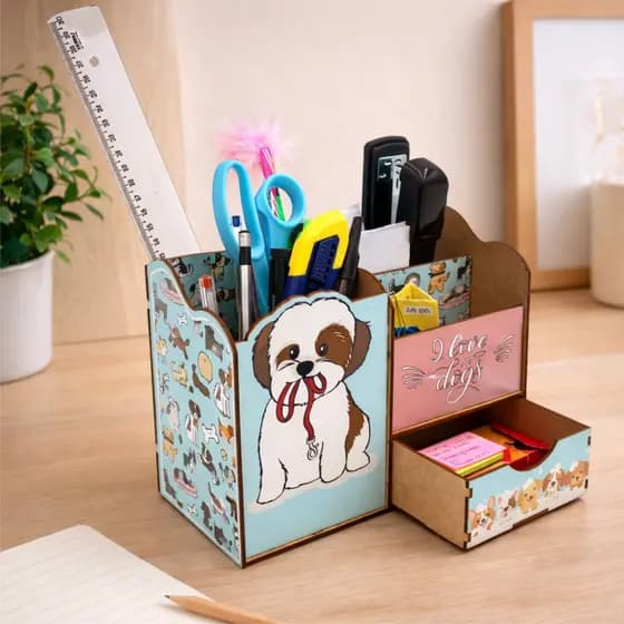 Organizador de Mesa e Escritório - porta objetos com gaveta, Gato, cachorro, floral, provençal - MDF