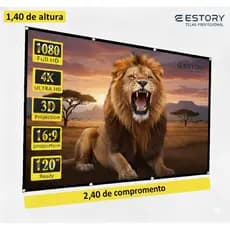 Telão De Projeção Estory 120 Polegadas 1,40 x 2,40 Projetor Full Hd 4K Uso Externo  Interno Cinema
