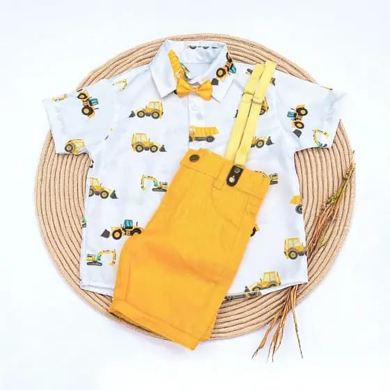 conjunto Menino trator amarelo aniversário construçao tratores