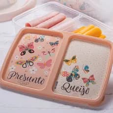 Porta Frios 2 Divisórias Queijo Presunto Decorado Pote Organizador Retangular Plástico 24x17cm