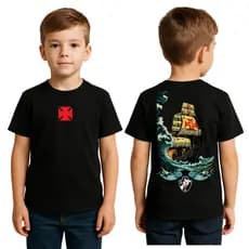 Camiseta Preta Vasco Infantil com Estampa de Caravela– Camisa Estilosa Torcedor Mirim